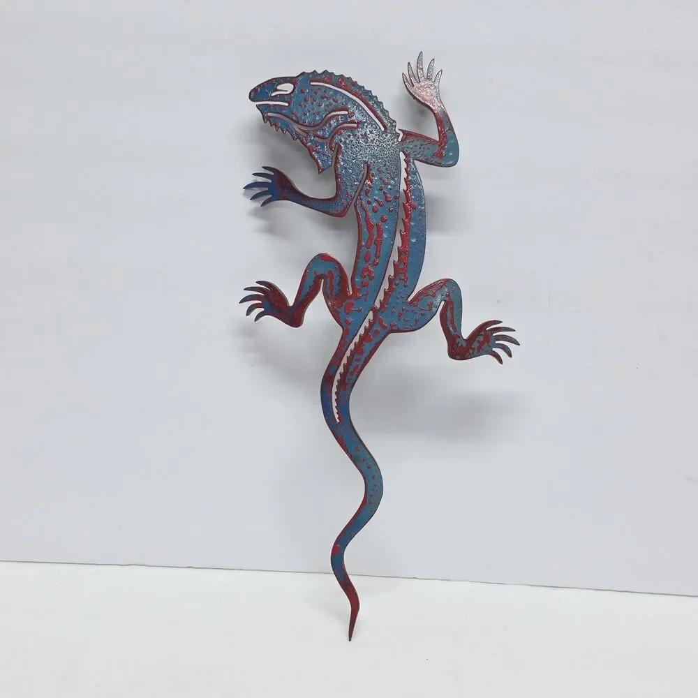Gecko Lizard Metal Wall Art Outdoor Indoor Garden Cottagecore Cabin Decor Blue